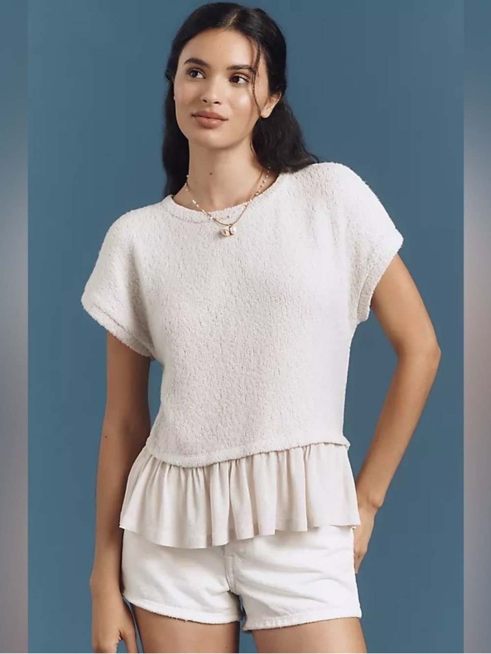 Anthropologie Pilcro Short-Sleeve Sweater Twofer Top in Pearl Size Medium